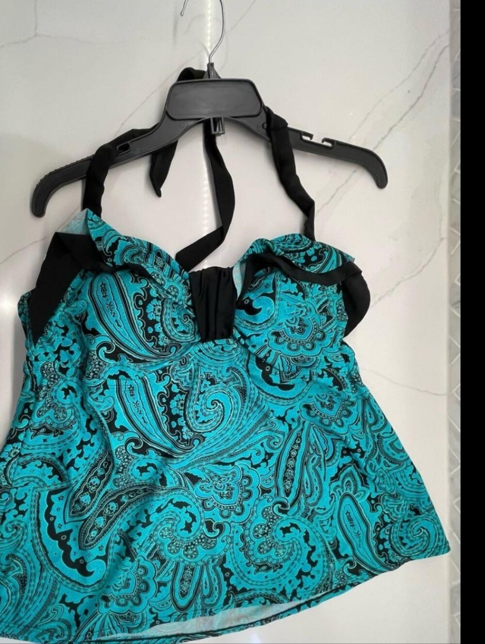 Turquoise Paisley Halter  Tankini Top with Black Accents